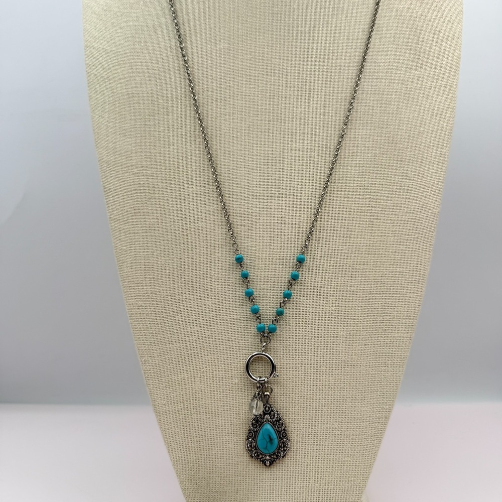 Vintage 90s Silver Tone Turquoise Beaded Teardrop Pendant Necklace Boho Jewelry - Picture 3 of 11